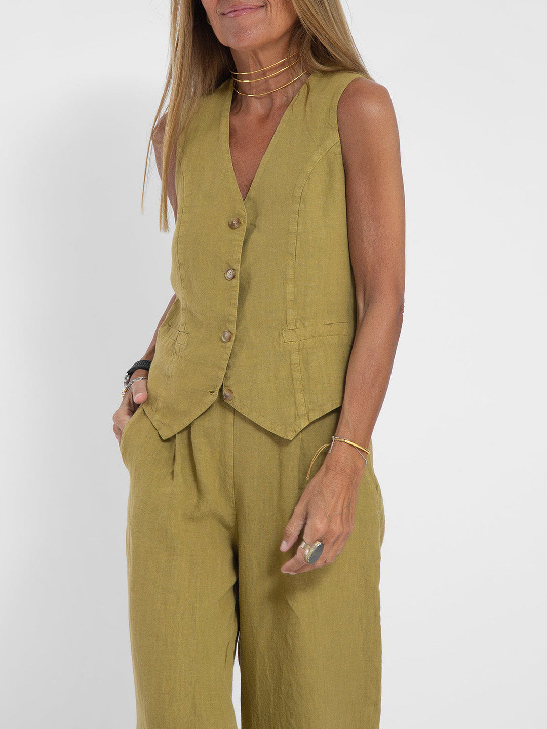 Aira - Buttoned Vest &amp; Wide-Leg Trousers Set