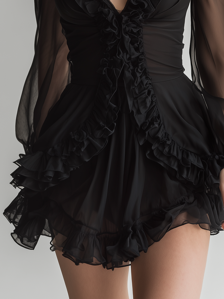 Lara | Black Sheer Mesh Ruffled Deep V Long Sleeve.