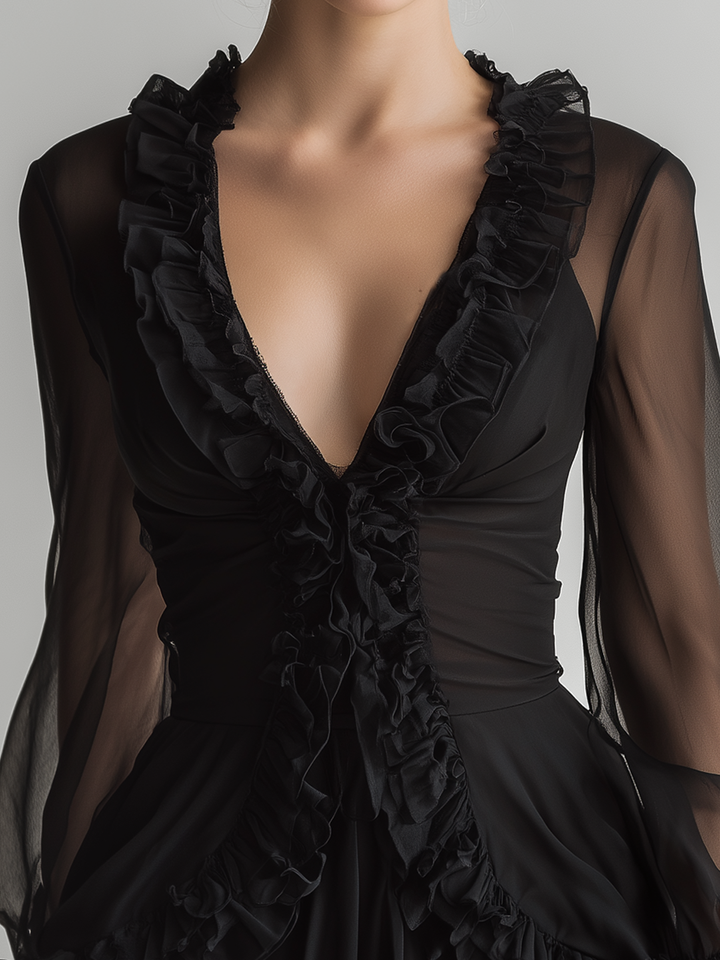 Lara | Black Sheer Mesh Ruffled Deep V Long Sleeve.