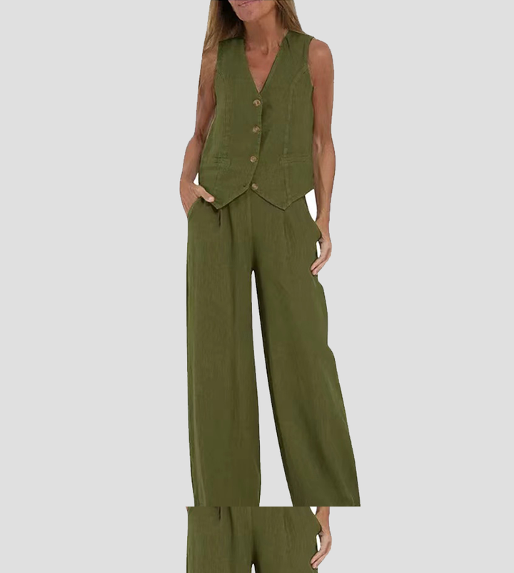 Aira - Buttoned Vest &amp; Wide-Leg Trousers Set