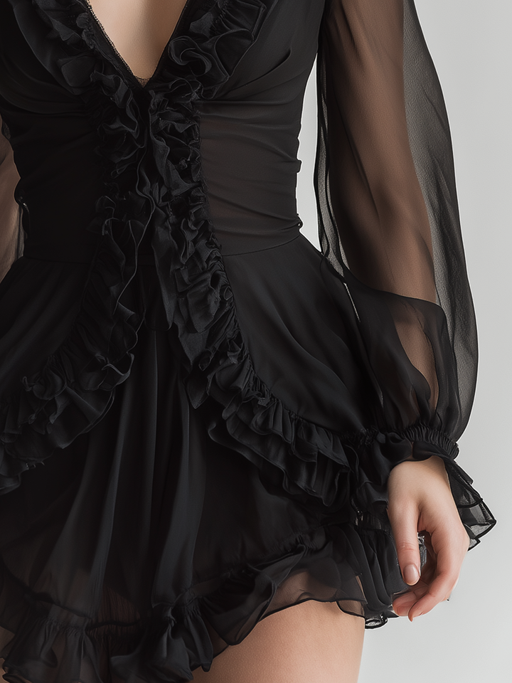 Lara | Black Sheer Mesh Ruffled Deep V Long Sleeve.