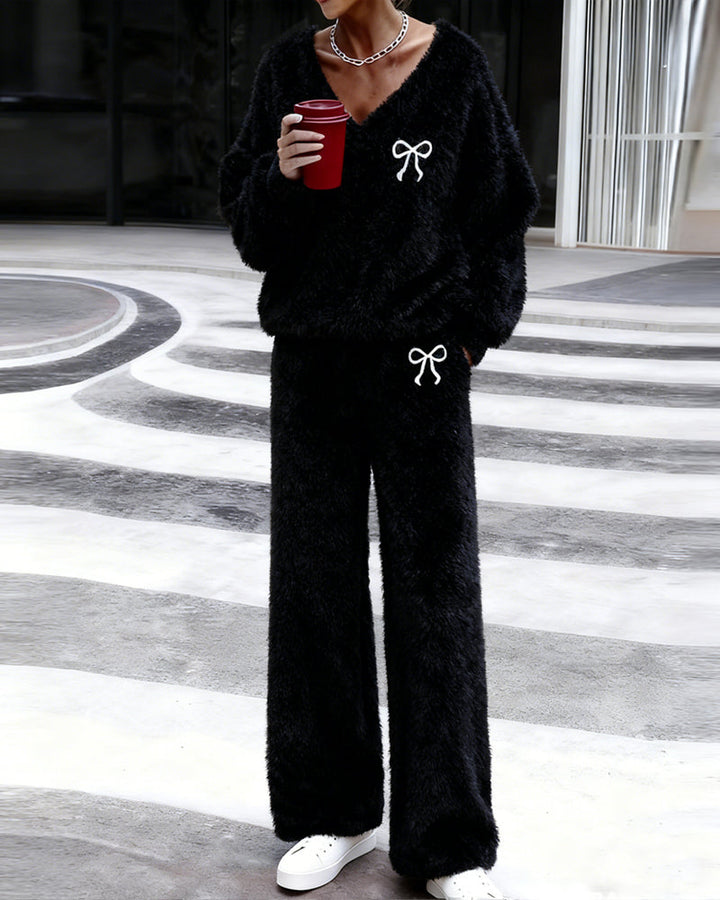 Soft Sweet Bow Embroidered Fleece Matching Set