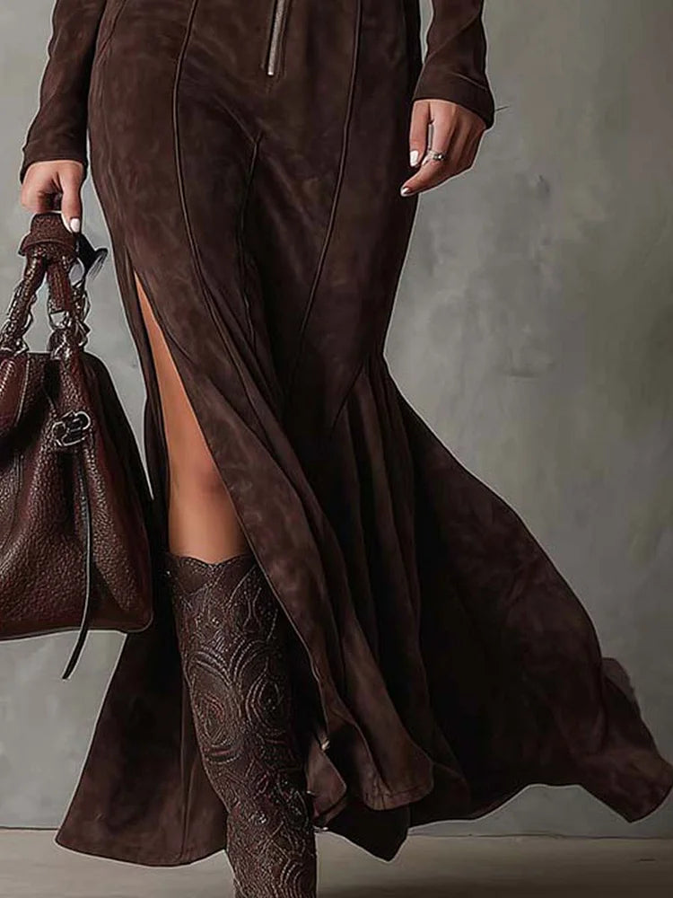 Lunori™ | Alessia Long Suede Dress