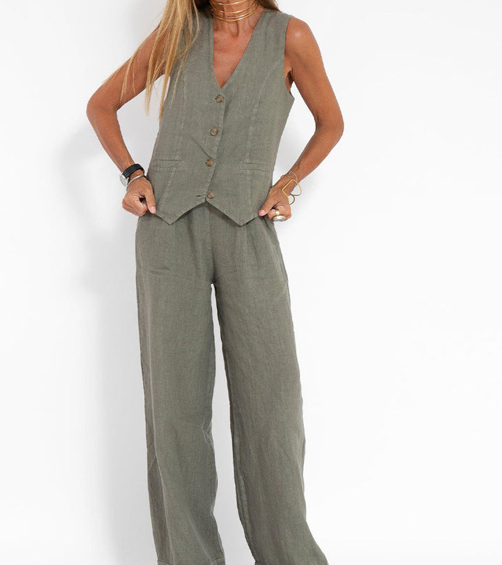 Aira - Buttoned Vest &amp; Wide-Leg Trousers Set