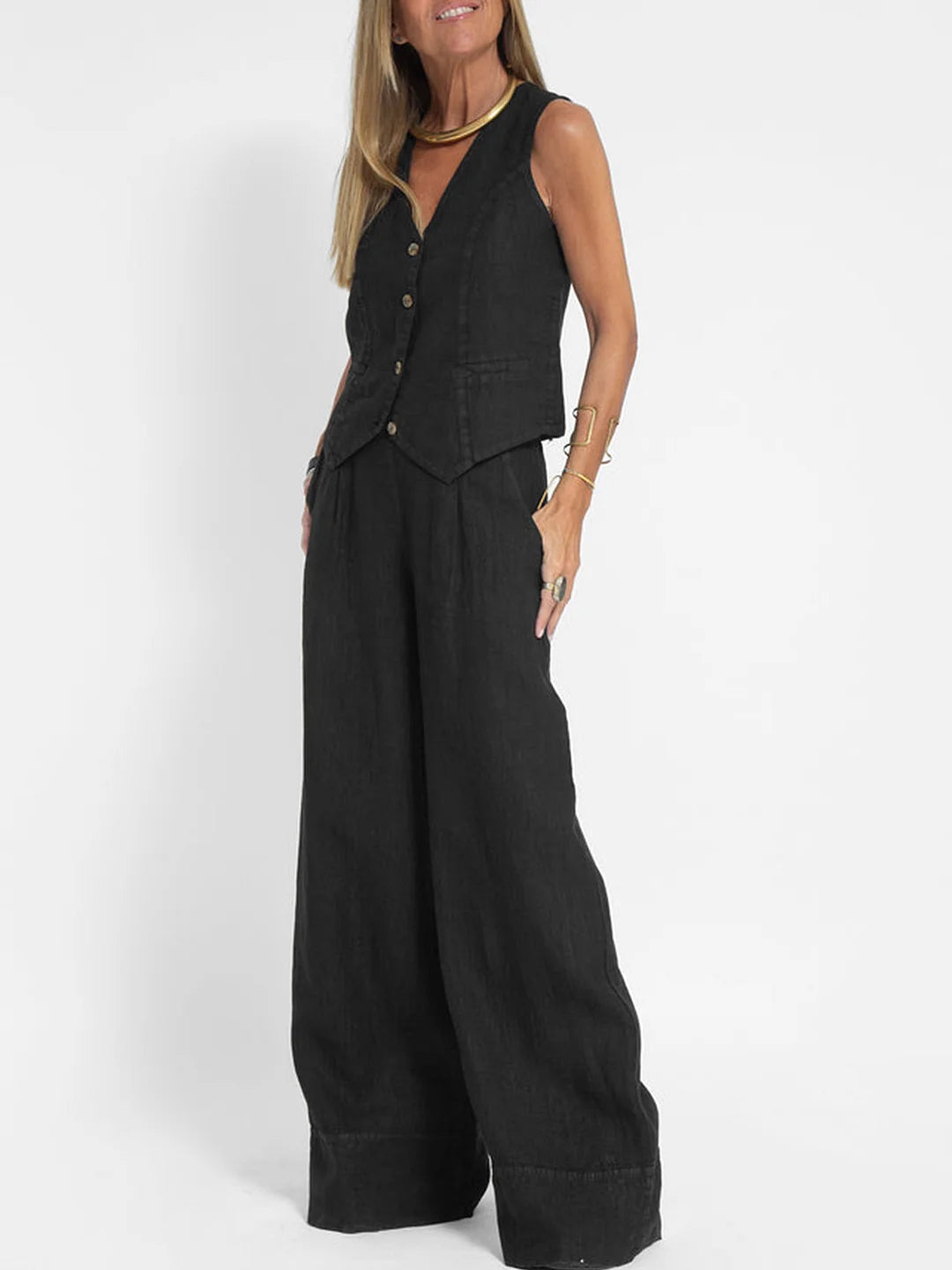 Aira - Buttoned Vest &amp; Wide-Leg Trousers Set